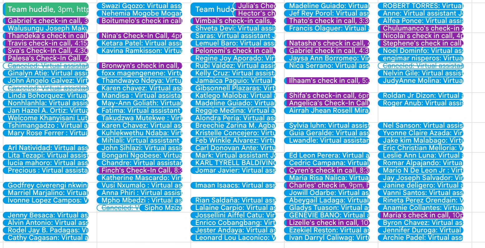 An assistant's calendar packed wall-to-wall with interview check-in calls